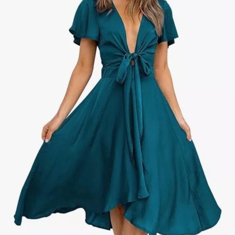 Pre-Owned‎ Women Teal Satin Tie Dress Short Sleeve Waisted High Low Medium -cp